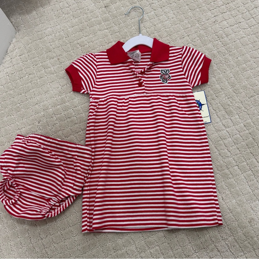 NWT Wisconsin Badgers Bucky Red Striped Kids Dress with Bloomers